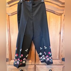 Larry Levine Sport Stretch Polyester Black Pants Embroidered Flowers Sz 12 NWOT